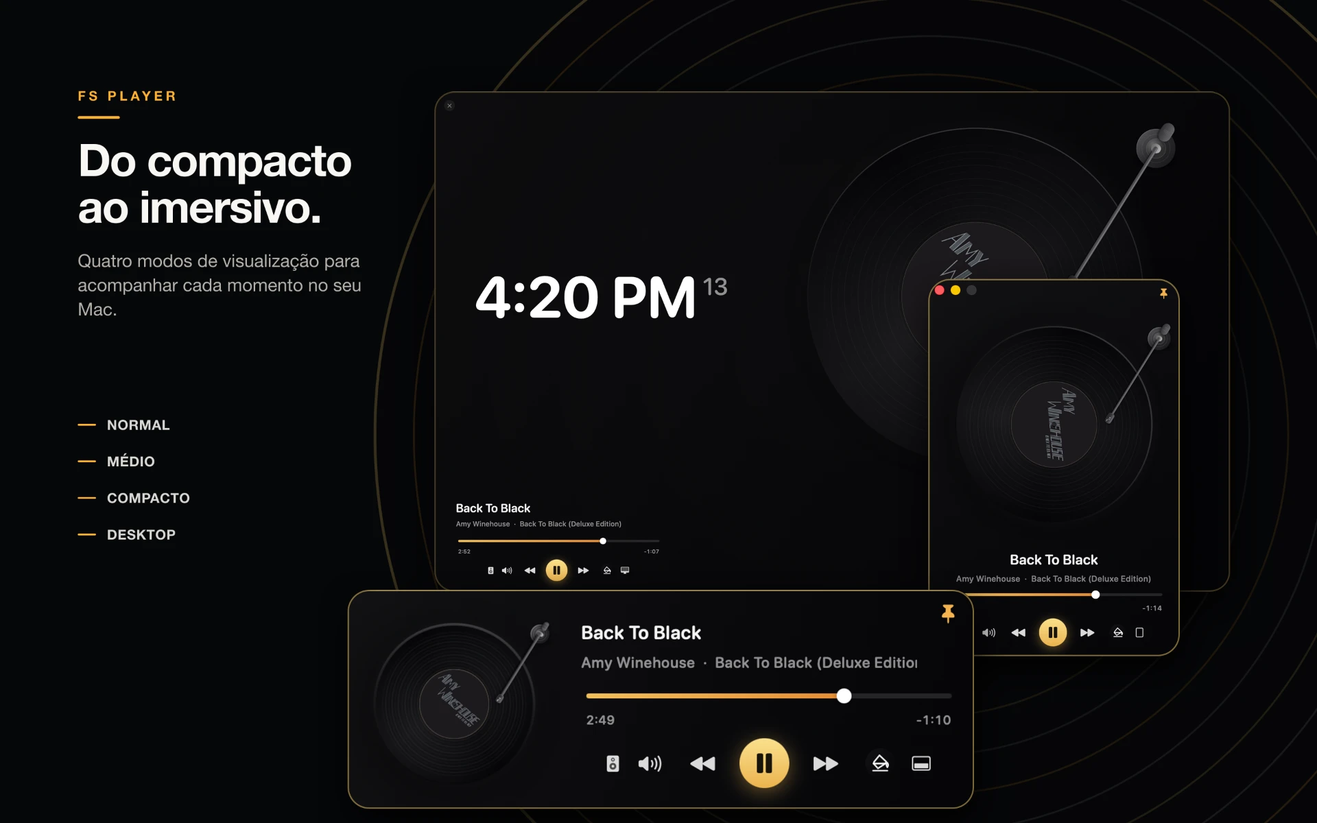 Modos de visualização normal, compacto e desktop do FS Player