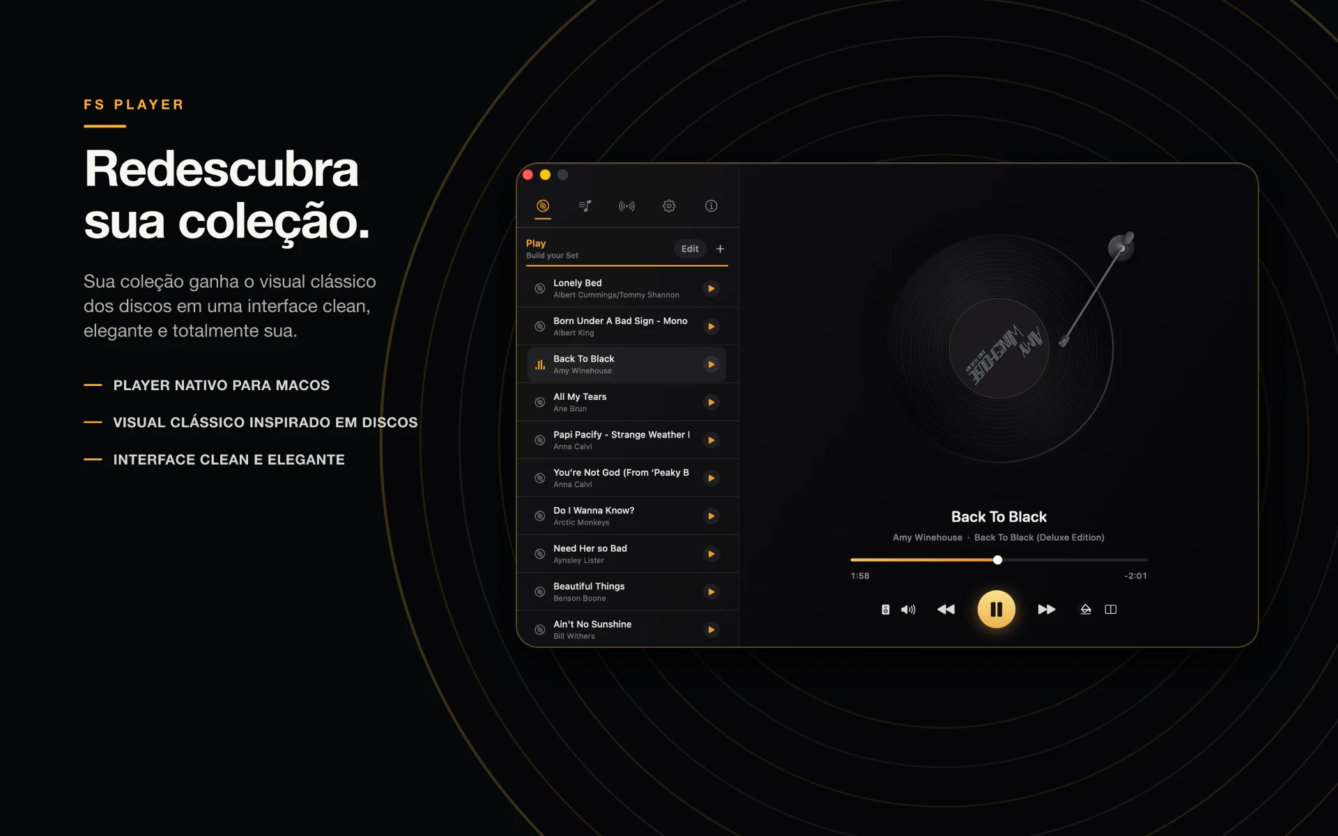 FS Player com a lista de faixas e o disco de vinil em reprodução