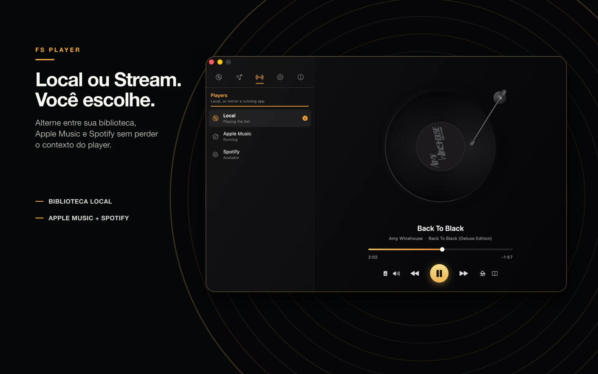 Seleção entre reprodução local, Apple Music e Spotify no FS Player